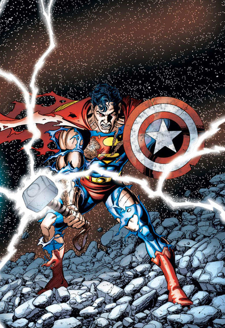 Superman con el martillo de Thor y el escudo del Capitán América