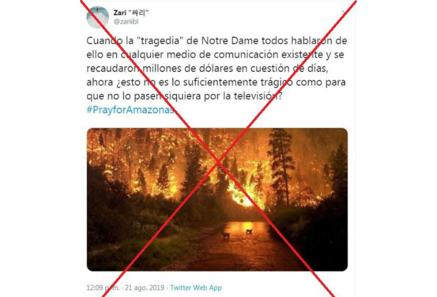Tuit sobre incendio de la Amazonia con imagen falsa