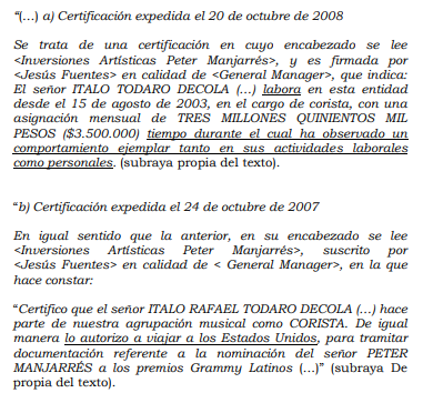 Certificaciones trabajo corista Peter Manjarres