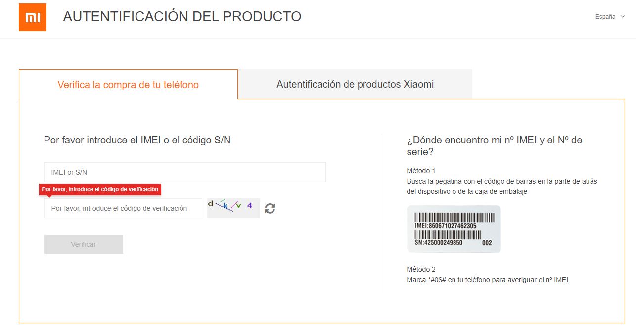 Verificación de telefono xiaomi