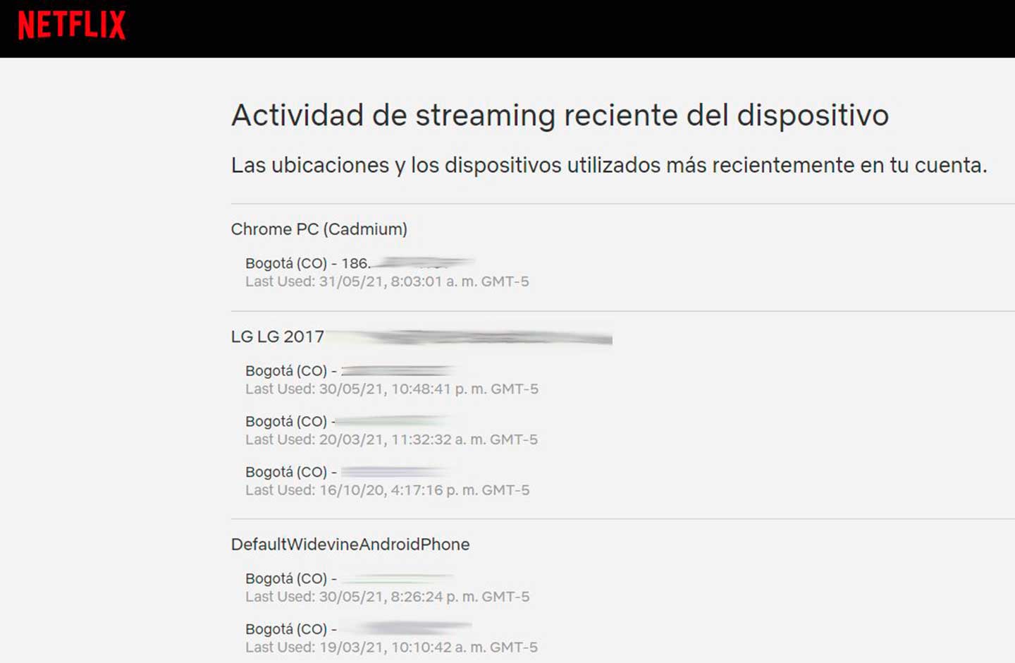 Dispositivos conectados en Netflix