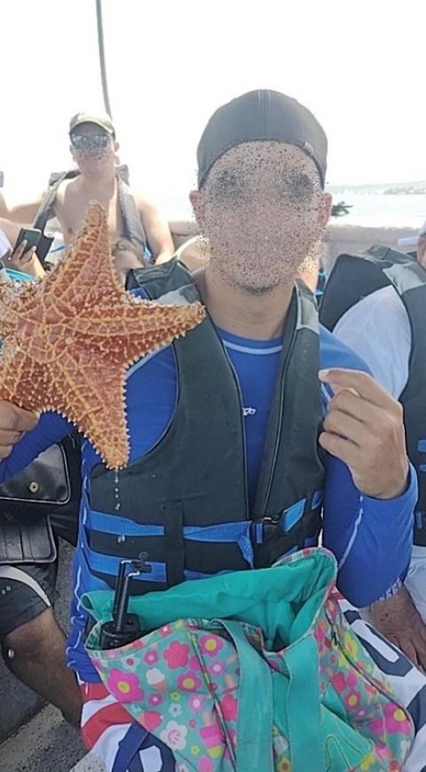 Turistas en isla de San Andrés, manipulando especies marinas.