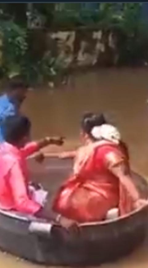 Pareja de novios llega a su boda en una olla